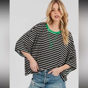 ShopEvelynne Black and White Striped Tee with Green Accents